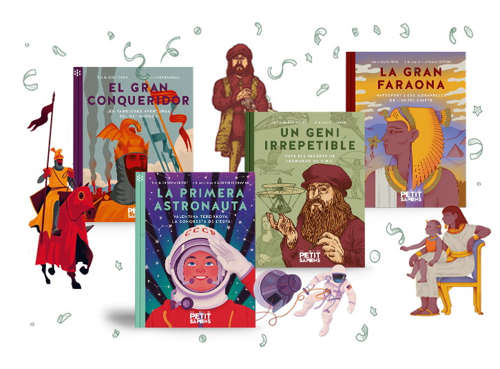 Capcalera llibres Petit Sàpiens (muntatge quatre llibres)