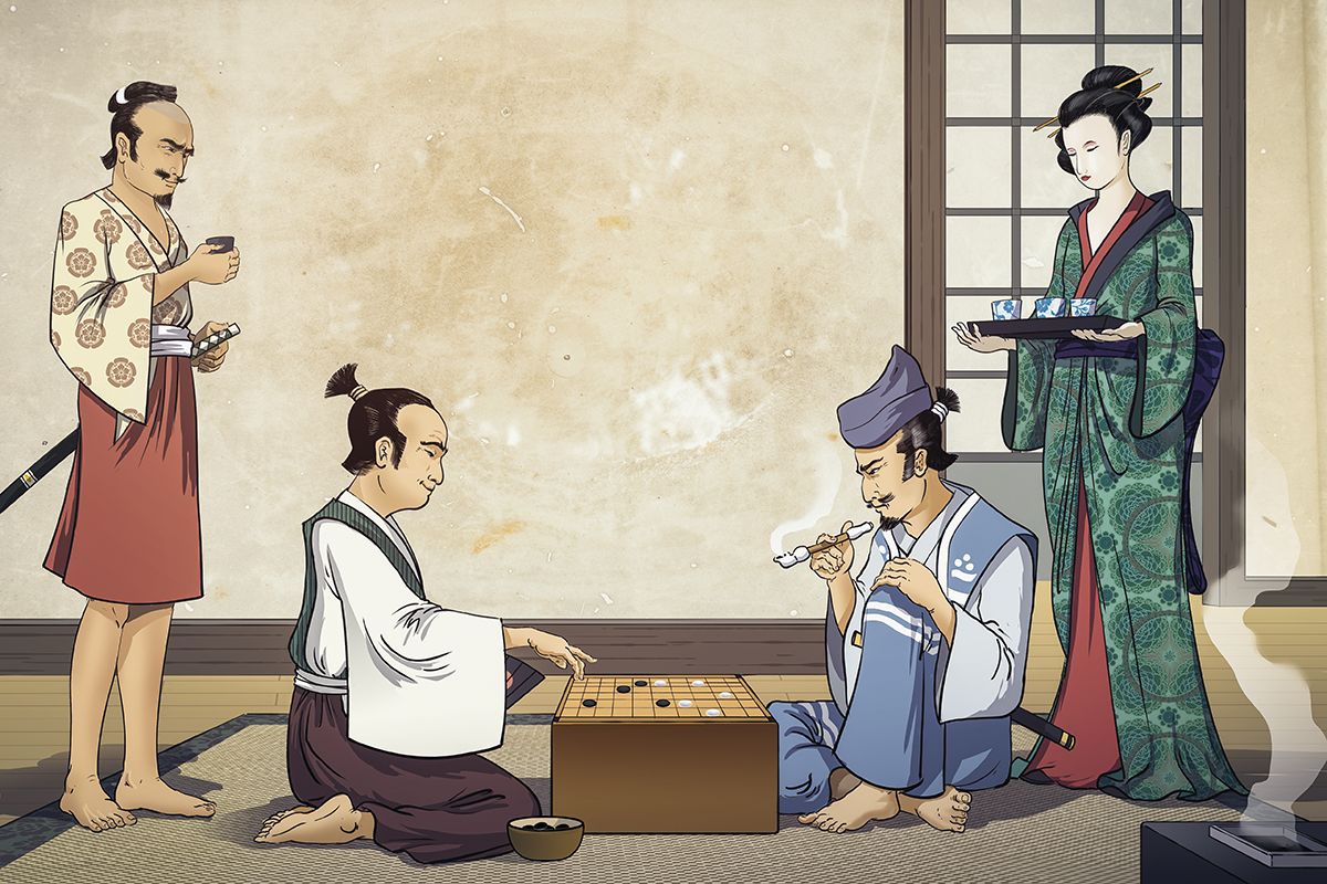 Dos samurais juguen al joc del go Dos samurais juguen al joc del go