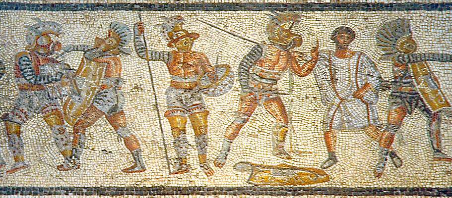 Gladiadors en un mosaic de Líbia Gladiadors en un mosaic de Líbia