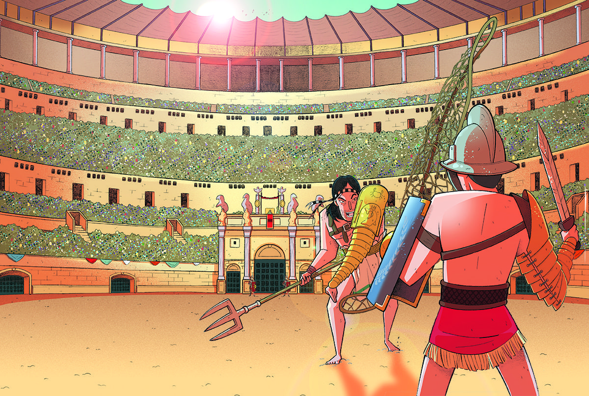 Gladiadors lluiten en un amfiteatre Gladiadors lluiten en un amfiteatre