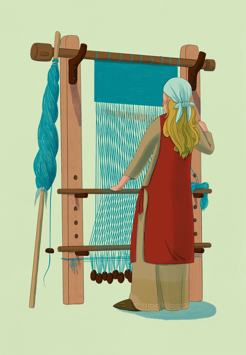 Dona vikinga treballa al teler Dona vikinga treballa al teler