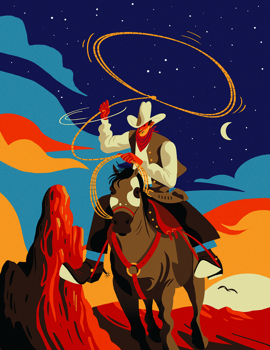 Un 'cowboy' al galop branda un llaç Un 'cowboy' al galop branda un llaç